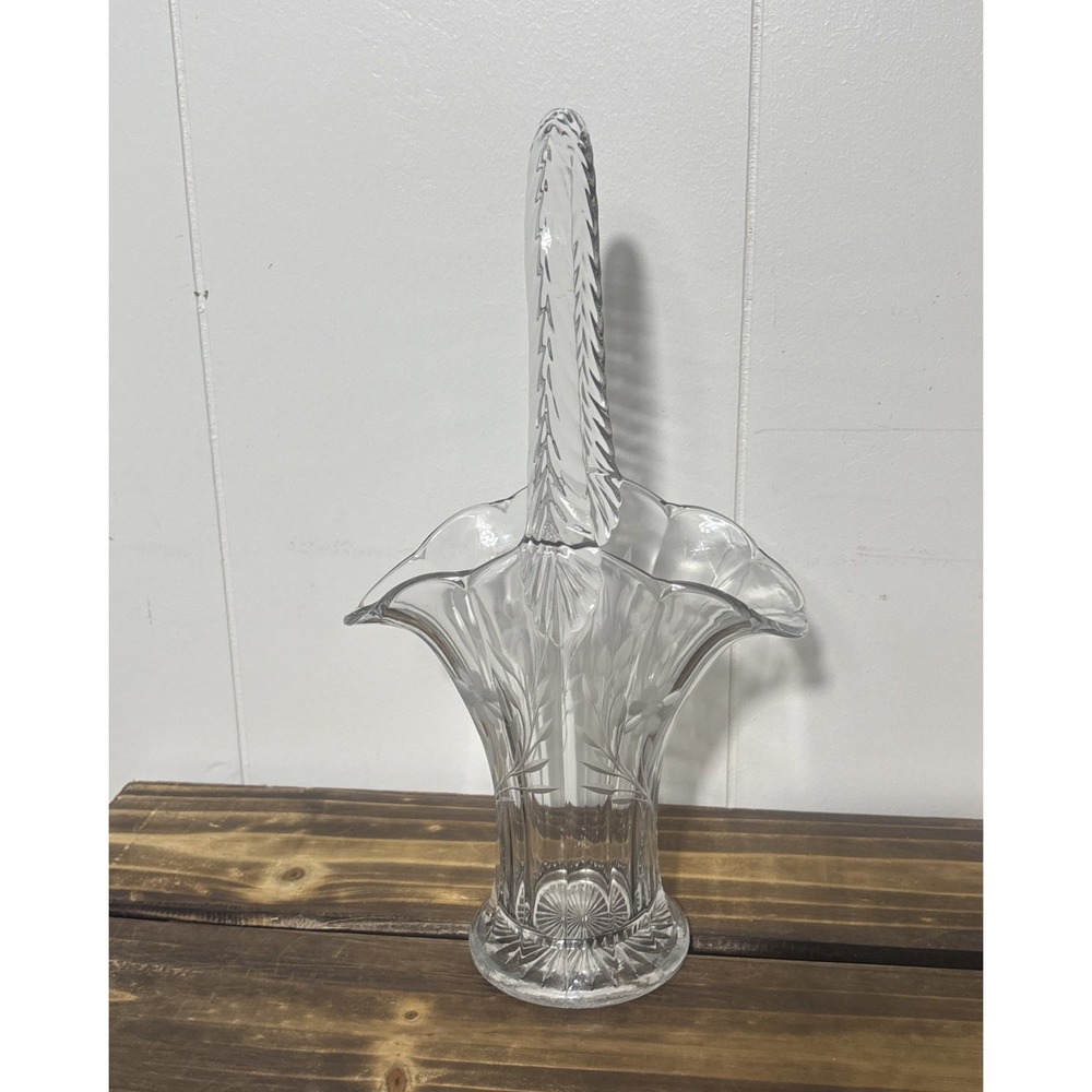 Vintage Duncan Miller Brides Flower Basket Vase Clear Etched Flowers Glass 13"
